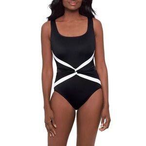 Women’s Studio Works Sz 10 Twist Sash Tank Black White One-Piece Swimsuit